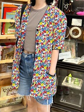 Albert Nipon Multicolor Floral Short-Sleeve Blazer 100% Silk